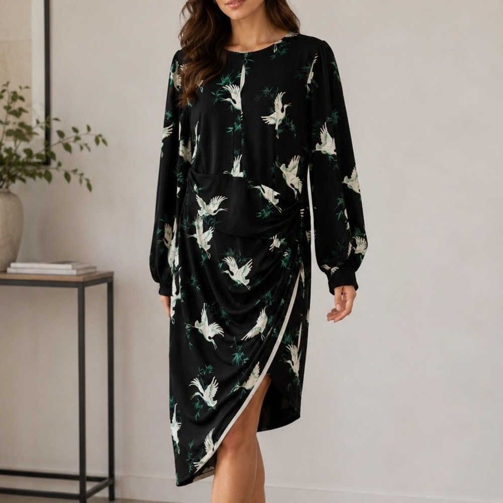 Lipsy London Dress Womens 12 Black Crane Print Ruched‎ Asymmetric Long Sleeve